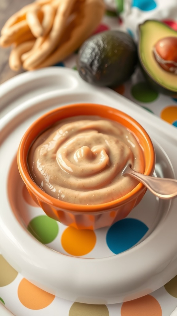 Smooth bean puree in a bowl, with a spoon, fresh beans and avocados in the background.